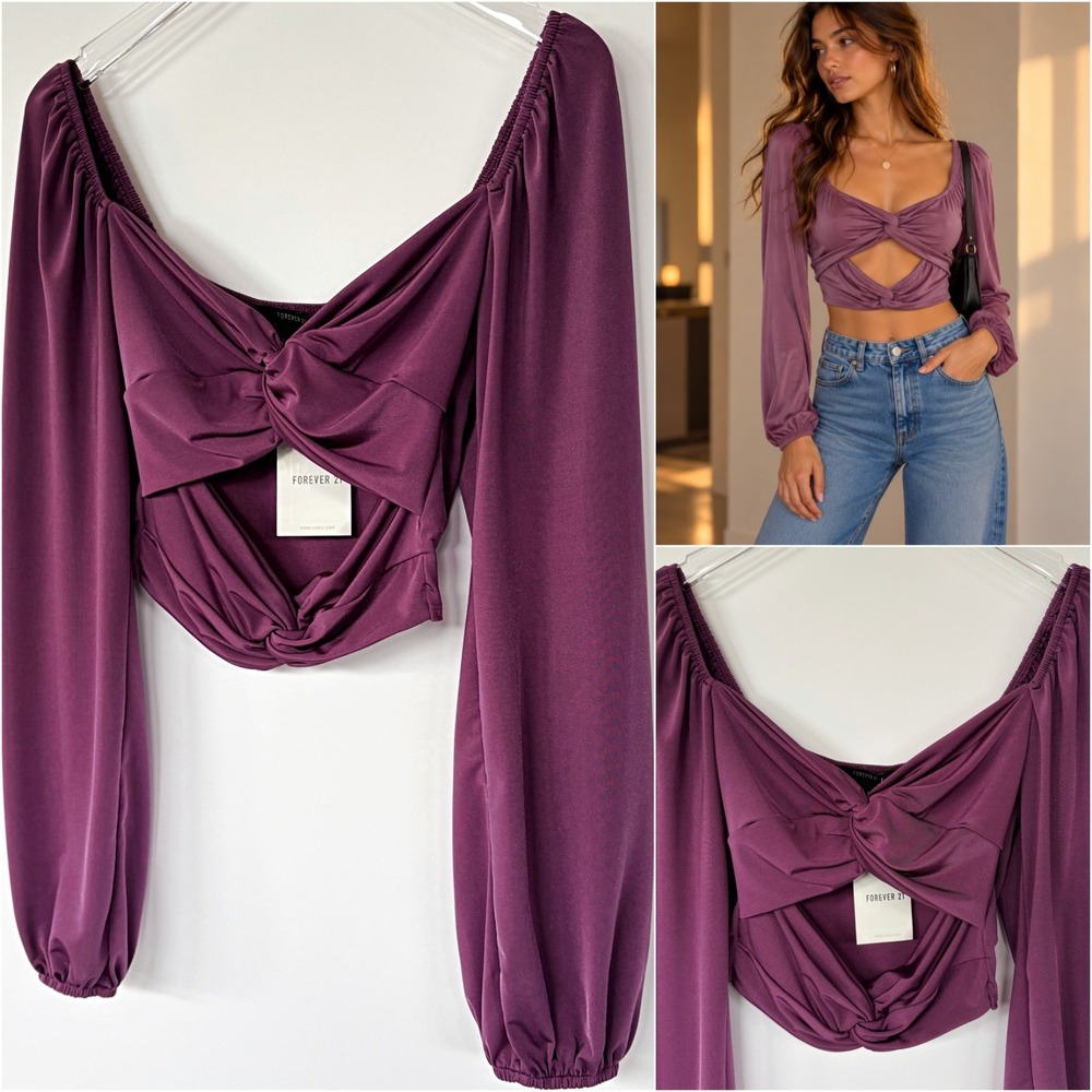 NWT Forever 21 Plum Shimmer Twist Front Cutout Crop Top M Party Holiday Y2K Fall